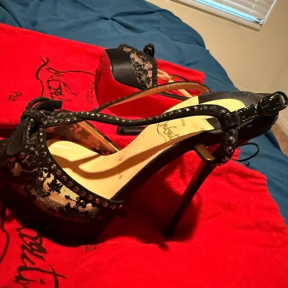 Christian Louboutin Black Patent Leather Platform Heels with Swarovski crystals - Picture 14 of 15